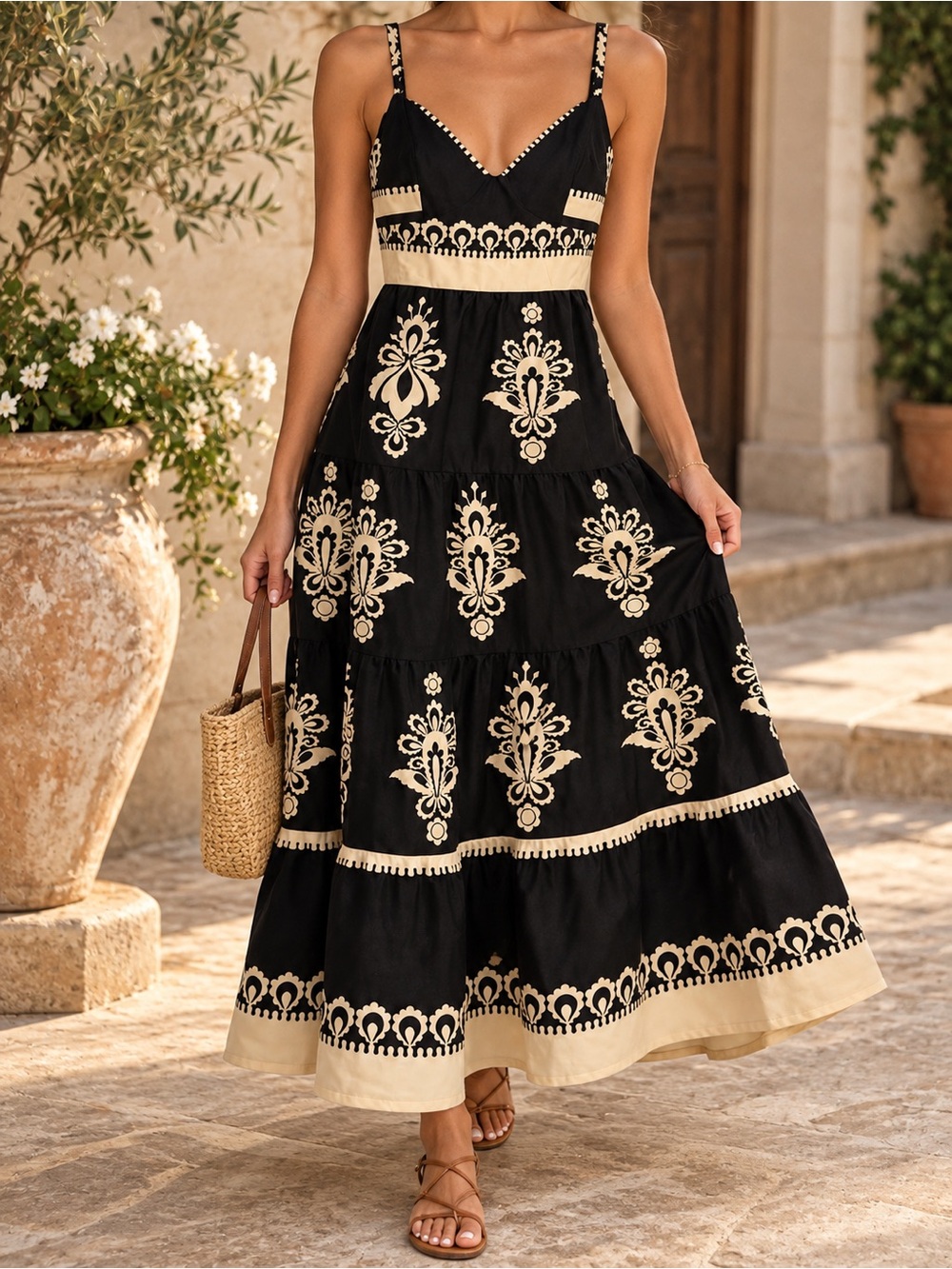 Fashion Nova Black Maxi Dress with Cream Embroidery